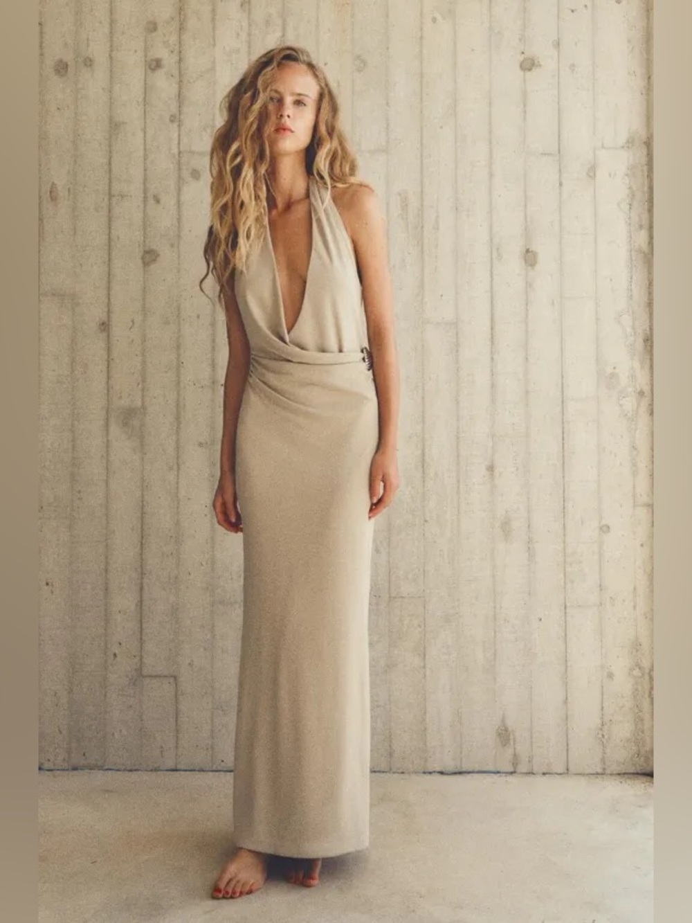 ZARA Halter Deep-V Maxi Dress with Shell Brooch Detail